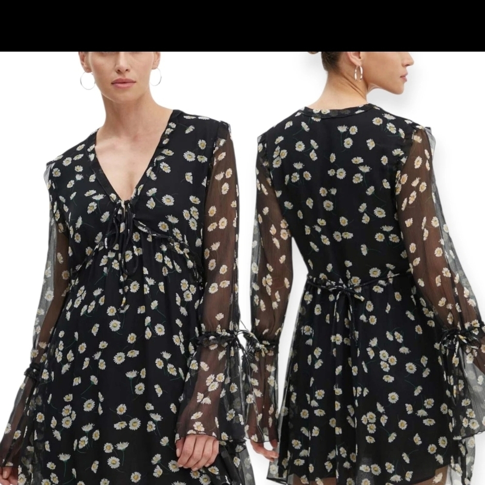 The Kooples Black and White Silk Floral Long Sleeve Dress French Brand See Mesur - Picture 5 of 16